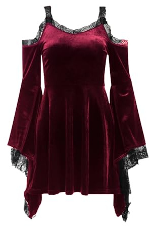Abito Goth Retro in Pizzo Lanterna a Maniche Lunghe con Scollo a O in Nero Puro Temperamento in Velluto Midi di DINGJIUYAN, M
