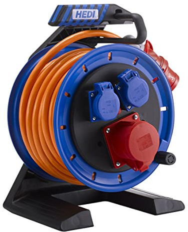 Hedi Drehstrom Kabeltrommel Generation 7 Companion (ø 250 mm, 20 m Panzerkabel PLUS, CEE Anschlussstecker / 2x Schutzkontakt-Steckdosen 1x spritzwassergeschützte CEE-Steckdose)