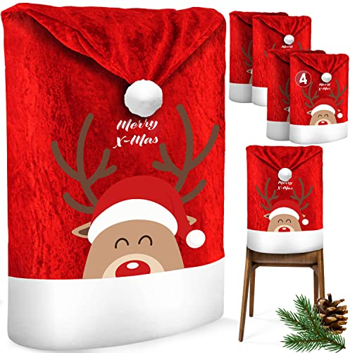 KESSER® Premium Weihnachtsstuhlüberzug 4er Set Stuhlhussen für Weihnachten Nikolausmütze Stuhlbezug Husse Weihnachtsdeko für Stühle Überzieher - Stuhlabdeckung im weihnachtlichen Design