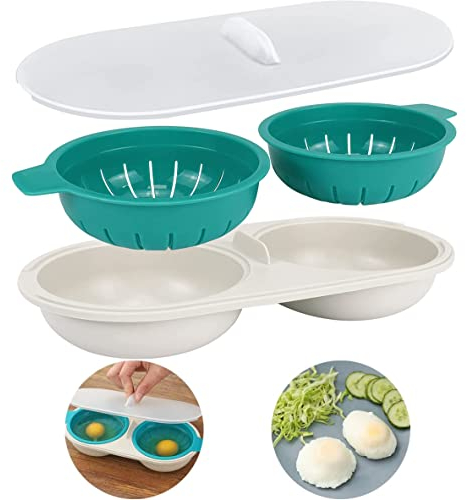 Hervidor de Huevos para Microondas, Cocedor de Plastico Portátil, Doble Taza Antiadherente Cazador Furtivo del Huevo, para Hacer Huevos Vapor Nutritivos Rápidamente,Azul