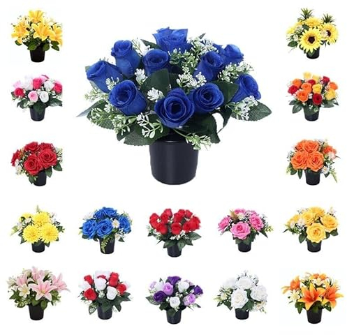 Rose Artificial Flowers in Grave Flower Pots – UV Resistant, Realistic, Long-Lasting Design for Cemetery Decorations, Grave Displays, Memorial Tributes, Home & Garden Floral Arrangements (Blue)