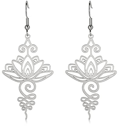 Dreamtimes Lotus Blume Dangling Ohrringe für Frauen Yoga Heilung Charms Unalome Symbol Amulett Edelstahl Schmuck Lotus Blume Buddha Yoga Ohrringe (Silber)