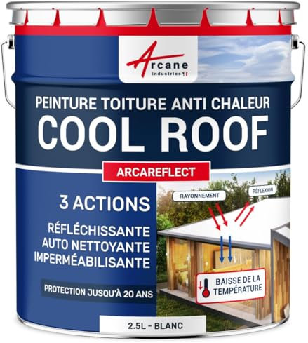 ARCANE INDUSTRIES Cool Roof, Peinture toiture, Blanche, réfléchissante, Anti Chaleur, Auto nettoyante : Arcareflect - 2.5 L Blanc