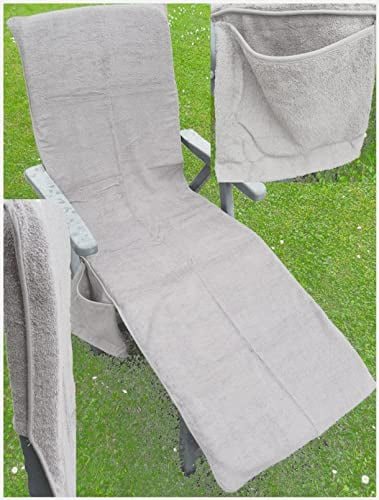 KH-Haushaltshandel Frottee Liege Stuhl Schon Bezug, mit Seitentasche, 190 x 60 cm, für Gartenliege Strandliege, Baumwolle, ÖKOTEX (Silber)