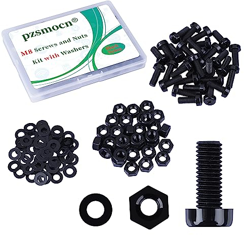 Pzsmocn 90 Stück/30 Sätze M8*20 mm Schwarzes Nylon Kunststoff Kreuzschlitz Rundkopfschrauben-Sechskantmuttern mit Isolierscheibe Standardgröße, für Heimwerker und Elektronische Montage.