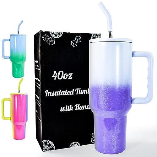 AGH life 40 oz Tumbler with Straw and Lid + Cup Cleaning Brush, Stainless Steel Travel Mug with Handle, 1.2 litres, Glitter Vacuum Insulated Coffee Cups(Blue & Light Blue)