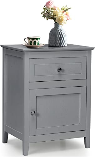 KOMFOTTEU Nachttisch aus Holz, Beistelltisch mit 1 Schublade & 1 Schrank, Sofatisch Nachtkommode für für Schlafzimmer, Wohnzimmer (Grau, 1 Stück)