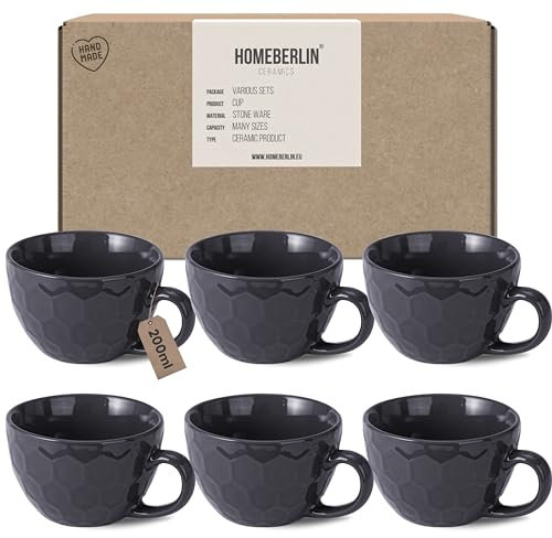HOMEBERLIN® Barista 6er Cappuccino Tassen Set - 200ml Kaffeetassen Set - Premium Kaffee Tassen Set aus hochwertigem Steingut - 6 moderne Kaffeetassen aus 100% Handfertigung - Dickwandige Kaffee Tasse