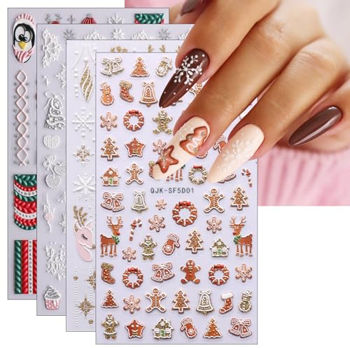 3D Christmas Nail Stickers, 4 Sheets 5D Self-Adhesive Embossed Nail Decal Tree Socks Nail Art Decoration Design Supplies