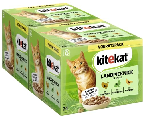 KITEKAT Portionsbeutel Multipack Vorratspack Landpicknick in Sauce 2X 24x85g, Katzenfutter, Nassfutter