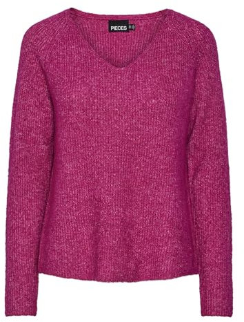 PIECES Pcellen Ls V-Neck Knit Noos BC Pull en Tricot, Fuchsia, S Femme