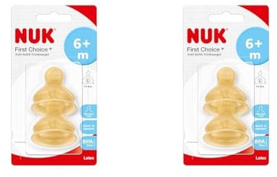 NUK First Choice+ Baby Bottle Teat, 6-18 Months, Latex with Large Feed Hole, Anti-Colic, 2 Count (Pack of 2)