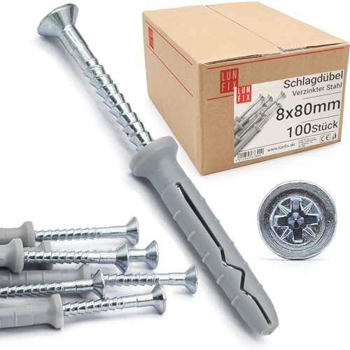 Lun Fix Lot de 100 chevilles à percussion 8 x 80 mm – Vis à clou – Chevilles de cadre – Montage rapide – Vis à percussion – Tête fraisée