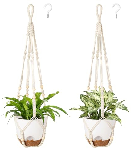 Mkono 7.5 Inch Hanging Planters, Macrame Plant Hangers with Self Watering Plant Pots Indoor Set of 2 Hanging Baskets Flower Pot Holders with Hooks No Tassels for Boho Home Decor, Ivory