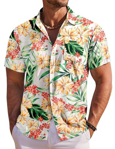 COOFANDY Mens Hawaiian Shirts Short Sleeved Summer Regular Fit Casual Shirt Button Down Holiday Tops White Flower M