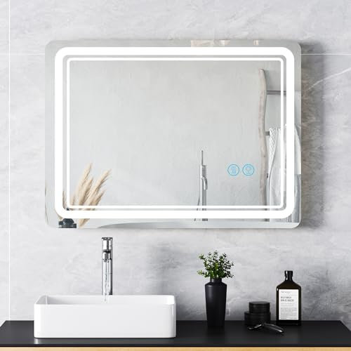 Lvifur Badspiegel mit Beleuchtung, 80 × 60 cm LED Spiegel Badezimmer Touch-Schalter Dimmbar 3 Lichtfarbe Beschlagfrei Warmweiß mit Beleuchtung Wandspiegel Für Schlafzimmer Hotel Friseur