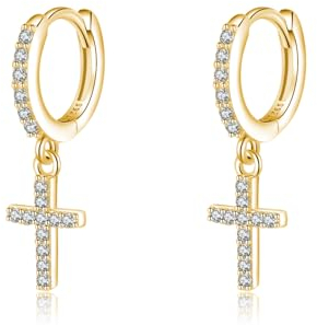SLUYNZ 925 Sterling Silber Kreuz Creolen Ohrringe für Frauen Damen Kleine CZ Creolen Ohrringe Huggie Tropfen (B-Gold)