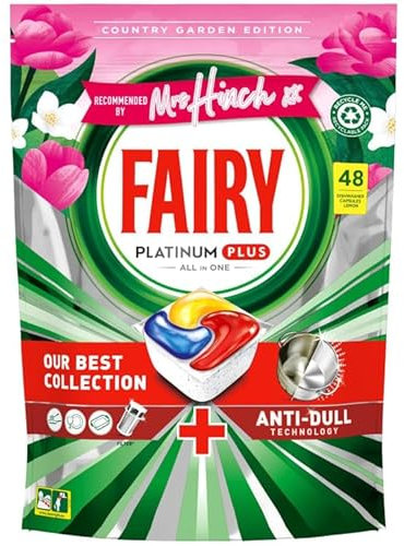 Fairry All-in-One Platinum Plus 48pk - Mrs Hinch Country Garden - Fairry Platinum Plus Dishwasher Capsules With Three L88iquid Chambers Dissolve Fast, Even In Lower Temperatures.