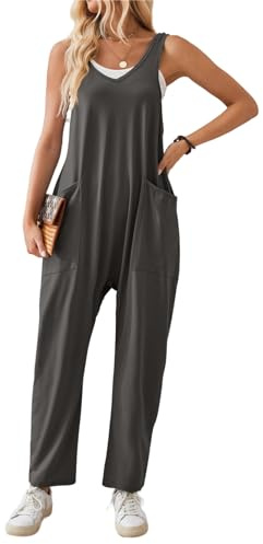 SotRong Summer Casual Sleeveless Baggy Jumpsuits for Women Uk V Neck Jersey Romper Wide Straps Tank Playsuit Solid Color One Piece Hot Shot Onesie with Pocket Dark Grey 2XL