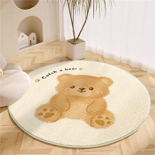 Ueiwffzo Runder Teppich Kinderteppich Runder Waschbarer Tiere Teppich Babyzimmer, Niedlicher Plüschteppich für Deko Wohnzimmer Babyzimmer (Stil E,80cm)