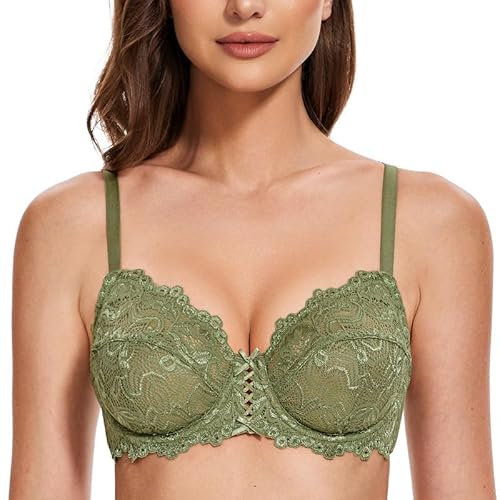 WingsLove Women's Floral Lace Bra Underwire Non Padded Soft Cup Full Coverage Green 42C
