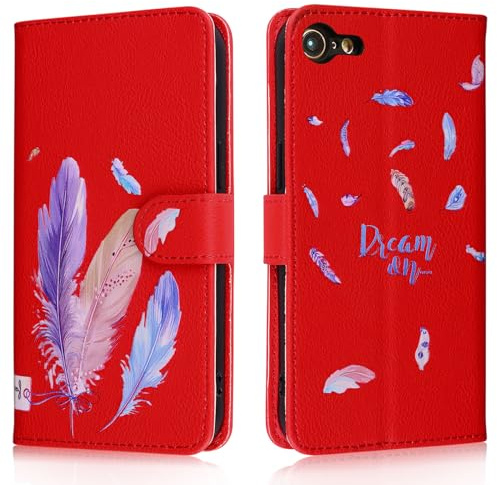 Aisenth Handyhülle für iPhone 7/8/SE 2nd Gen/SE 3rd Gen, Bunte Federn 3D Muster Litschi Leder Cover Handytasche Brieftasche Klapphülle Etui Flip Case Schutzhülle mit Ständer, Kartenfächer -Rot