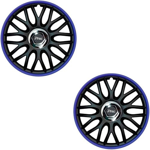 2 Stück Radkappen (wählbar in 14 Zoll, 15 Zoll,16 Zoll) – Hochwertige Radzierblenden für PKW-Stahlfelgen – Perfekt als Ersatz oder zum Nachkauf (J-TEC/Schwarz-Blau-Matt+Chromnabe, 15 Zoll)