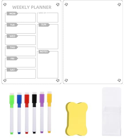Pizarra Magnética para Nevera Transparente A4- Planificador Semanal y Mensual Magnético para Menú, Lista de la Compra y Tareas, Incluye 2 Pizarras, 12 Rotuladores