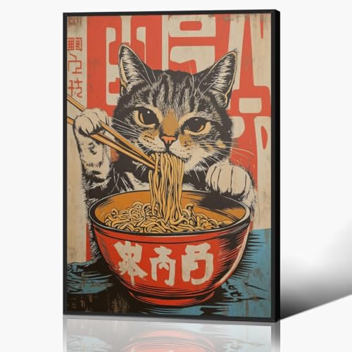 Vintage Japanische Katze Leinwand Wandkunst, Schrulliges schwarzes Katzen essendes Ramen Poster, Retro Lustiges Tier Essen Kunstdruck, Einzigartige Küche Esszimmer Wanddekoration 30x40cm gerahmt