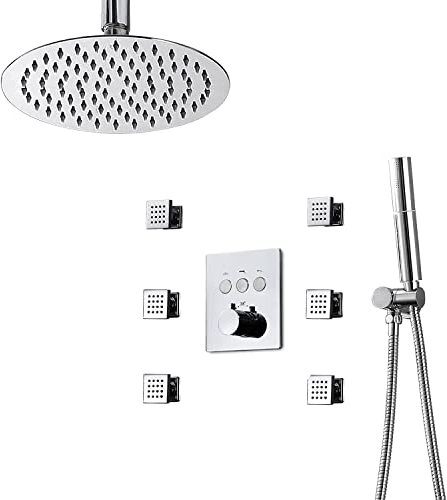 WOTZOV Sistema de Ducha, Juego de Grifo de Ducha termostático, Juego Combinado de Ducha de Lluvia Redonda de 10, Kit de molduras para bañera y Ducha con 2 Funciones, rocia,Cromo