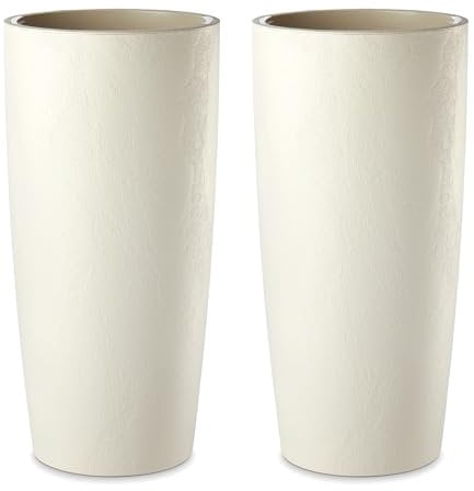 Tecnokit Vaso per Piante da Interno ed Esterno Design Moderno con Effetto Cemento Mandorla e Antracite Fioriera Alta con Sottovaso Erba Musa Matte, colore Mandorla, 2 pezzi cm 35x70