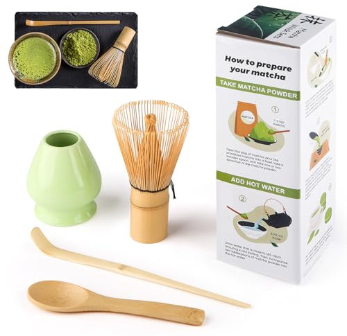 4 Piece Matcha Kit with Whisk, Macha Tea Set, Spoon, Holder, Bamboo Whisk, Accessories for Matcha Lovers, Light Green