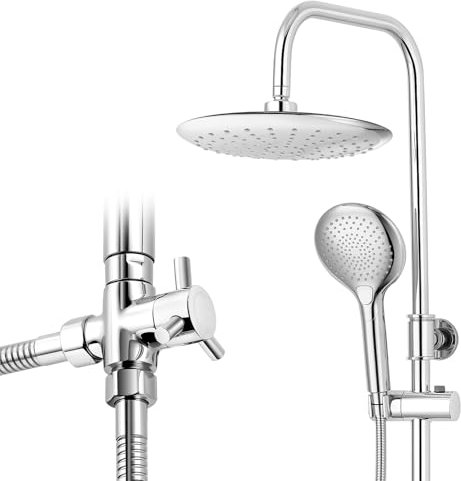 Ronvie Adjustable Shower Riser Rail Kit with 9 Round Rainfall Shower Head & 3-Spray Handheld, Dual-Function Brass Diverter Valve, Height/Angle Adjustable Anti-Leak System for Modern Bathrooms