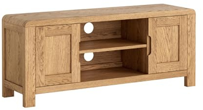 Home Furniture Group Ltd Oakmoor Solid Oak Small TV Unit – Compact Wooden Media Stand with Cupboards and Open Shelf – Natural Oak Finish – Fully Assembled – 120W x 50H x 33.5D cm