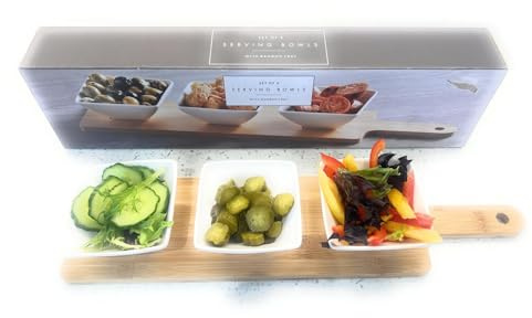 Ceramic Serving Tray Set 3 Section Divided Bowls with Bamboo Board Tray | Appetizer, Snack, Dip, and Starters Platter for Christmas and special occasions