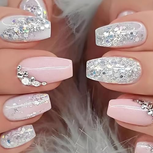 Glitter Rhinestone Press on Nails - 24pcs Pink Silver Coffin False Nails, Short Ballerina Stick on Nails Full Cover Fake Nails for Women Girls - Shiny Sparkle Nail Extensions, Elegant Nail Art
