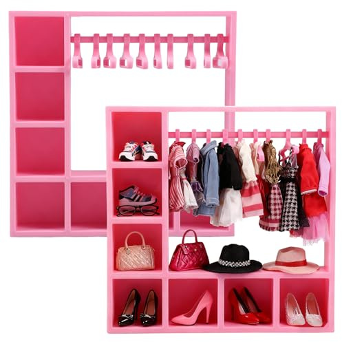 2Pcs Doll Wardrobe with 20 Hangers, Doll Clothes Closet, Cute Dolls House Accessories Display Box, Clothes Storage for Figures, 15.6x15.6x3.8cm, Only Closet(pink)