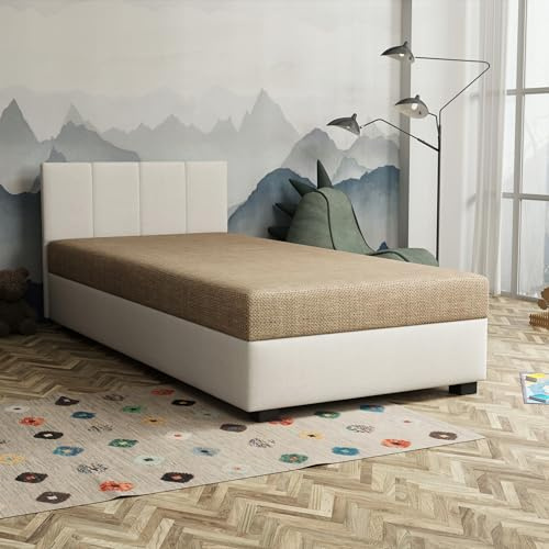 TAPCZANY24 - Boxspringbett Adel 100x200 cm mit Taschenfederkern Matratze | Bett mit Matratze, Polsterbett mit Bettkasten, Gepolstertes Einzel Bett, Schlafsofa - Goldbeige mit Weiß