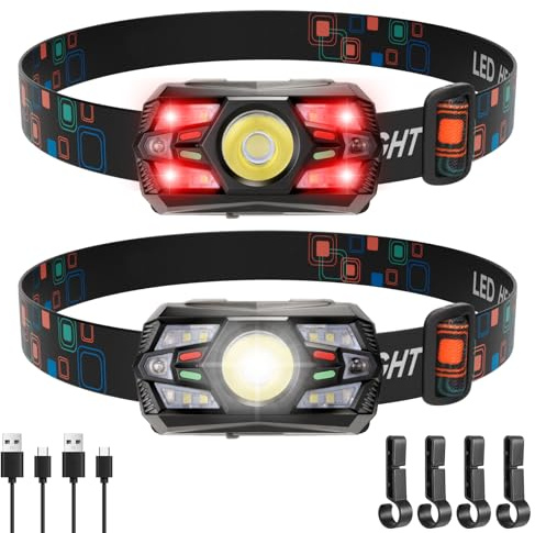 NAKCNM 2 Stück Stirnlampe LED Wiederaufladbar, mit Bewegungssensor, 5 Modi | LED Kopflampe, USB C, 2000 Lumen Rotlicht Stirnlampe Batterie, 78g leicht für Kinder Joggen Laufen Angeln Wandern Camping