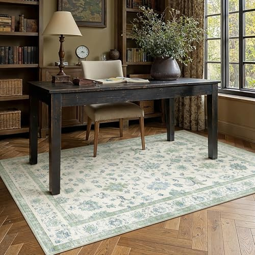 PureCozy Teppich Wohnzimmer 120x170cm Waschbarer Teppiche,Blassgrün | Blumenmuster,Waschbar, Rutschfest, Kurzflor, Weich, Schlafzimmer, Esszimmer, Büro, Flur, Kinderzimmer