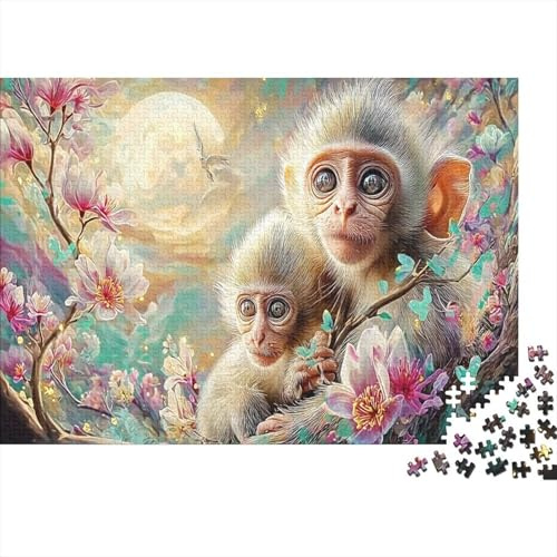 Moonlit Monkey Thick Paper Monkeys in Cherry Blossom Tree at Night Jigsaw Puzzle Bundle Interactive Gift for Seniors 38x26cm/1000pcs