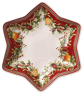 Villeroy & Boch Winter Bakery Delight Schale in Stern-Form auf Fuß, 34oz., Premium Porzellan, Weiß/Rot