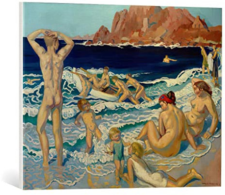 kunst für alle Leinwandbild: Maurice Denis Strand mit Boot und nacktem Mann - hochwertiger Druck, Leinwand auf Keilrahmen, Bild fertig zum Aufhängen, 70x55 cm