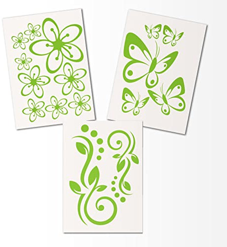 Hibiskus Schmetterling Blüten Ornament SET I - lindgrün - 30x21cm - Wall Sticker Wandtattoo Wandaufkleber - Dekoration, Küche, Wohnzimmer, Schlafzimmer, Badezimmer