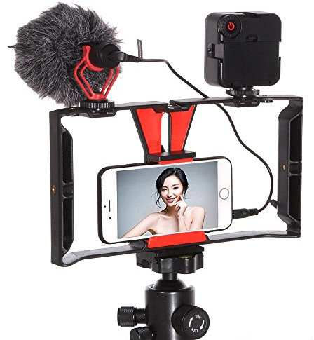 FocusFoto Smartphone Video Rig Camera Cage Mount Holder Stabilizer Handle Grip with BOYA by-MM1 Shotgun Microphone Mic + 49 LED Light Kit for Mobile Phone iPhone Filmmaking Professional Videomaker