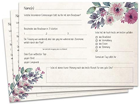 Gästebuchseiten Gästekarten DINA5/A6 - Schöne Fragekarten zum Ausfüllen und Einkleben ins Gästebuch Hochzeit mit Fragen … (Blumen, DINA5)