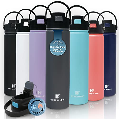 Hydraflow Hybrid - Triple Wall Vacuum Insulated Water Bottle with Flip Straw (25oz, Powder Graphite) Stainless Steel Metal Thermos, Reusable Leak Proof BPA-Free for Sports and Travel