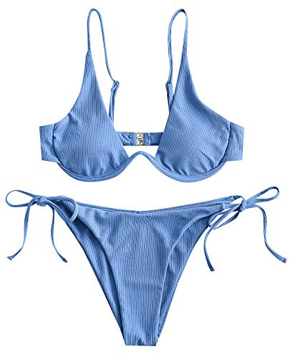 ZAFUL Damen Zweiteiliger Bügel Bikini-Set, Leopardenmuster Criss Cross Push Up High-Cut Gepolsterte Bikini Badeanzug (A-Blau,S)