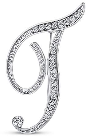 Große Aussage Abc Pave Crystal Cursive Script Monogramm Buchstaben Alphabet Initiale T Schal Revers Pin Brosche Für Frauen Versilbert