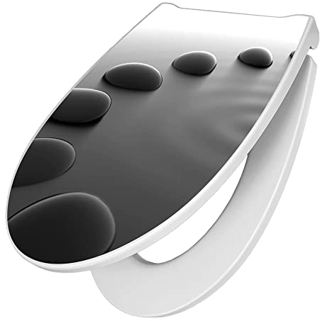 banjado® Premium Toilettendeckel mit Absenkautomatik 44x37cm mit Motiv Schwarze Steine - WC Brille Soft Close - hygienischer Toilettendeckel/Klodeckel Duroplast mit Edelstahl Scharnieren